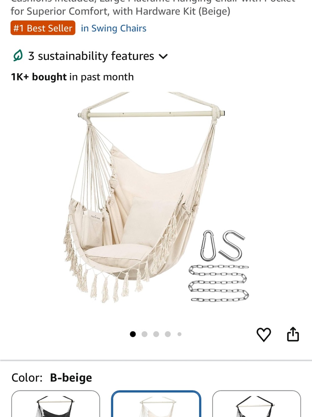 Beige Hanging Hammock Chair with Cushion - Comfortable Swing Seat